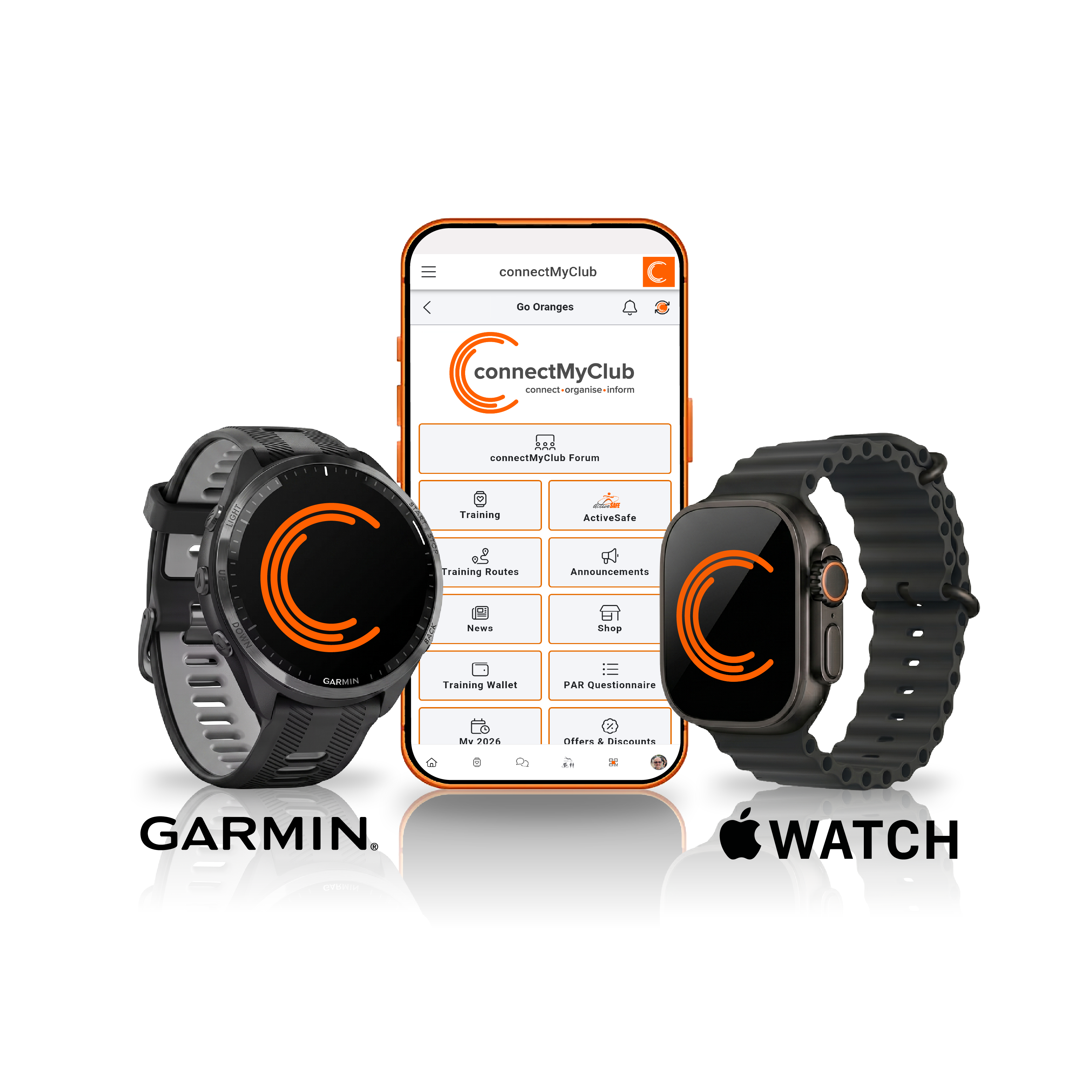 connectMyClub companion watch app for Apple Watch and Garmin